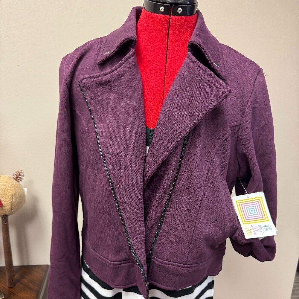 LuLaRoe Presley Moto Jacket NEW Plum Raisin Purple Edgy black zipper size L